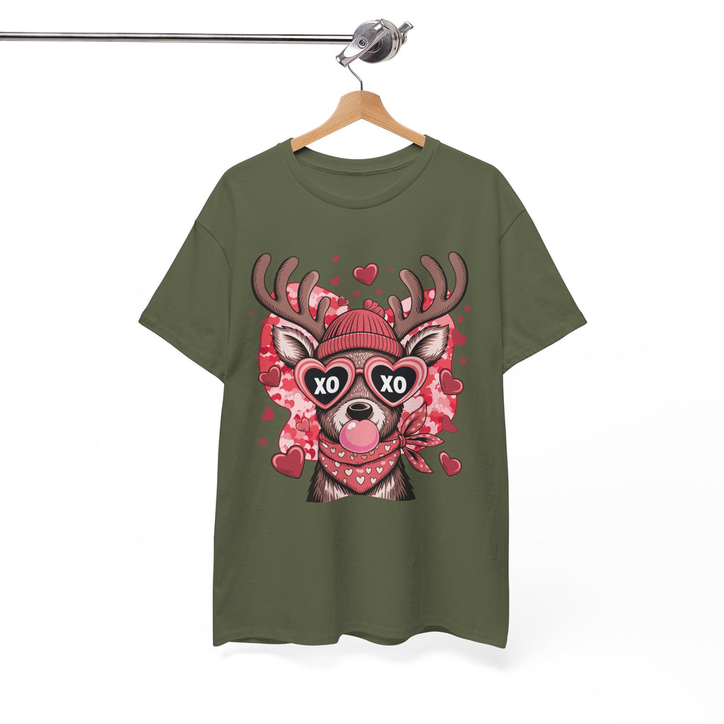 Valentine Deer Tee — Cute XO Heart Glasses, Beanie & Scarf Unisex Cotton Tshirt