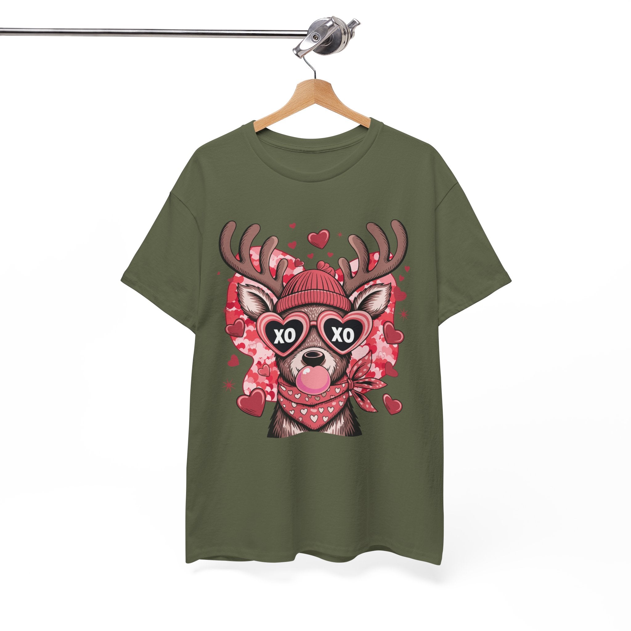 Valentine Deer Tee — Cute XO Heart Glasses, Beanie & Scarf Unisex Cotton Tshirt