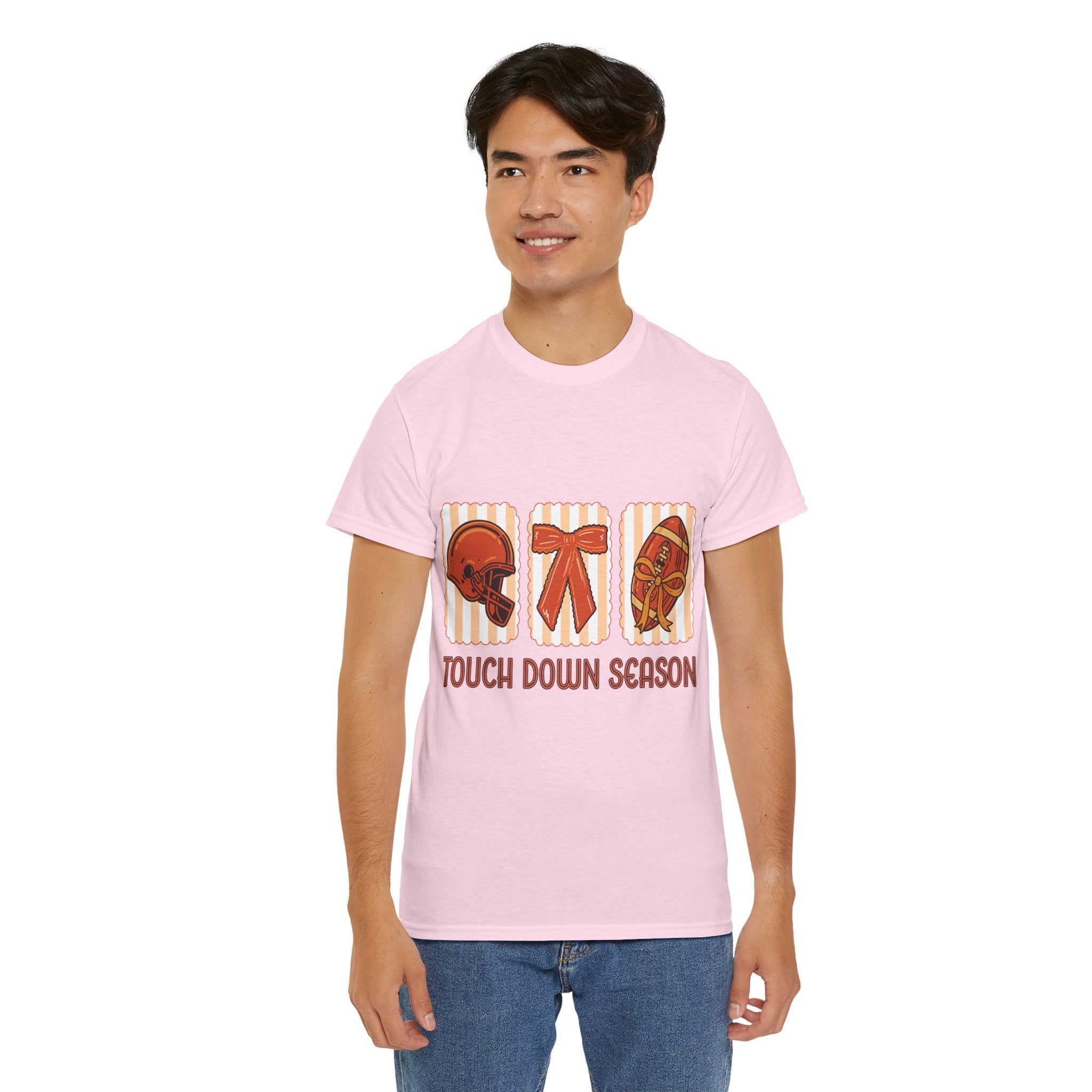Touch Down Season Football Tee — Striped Fall Helmet & Bow Design Unisex Cotton Tee
