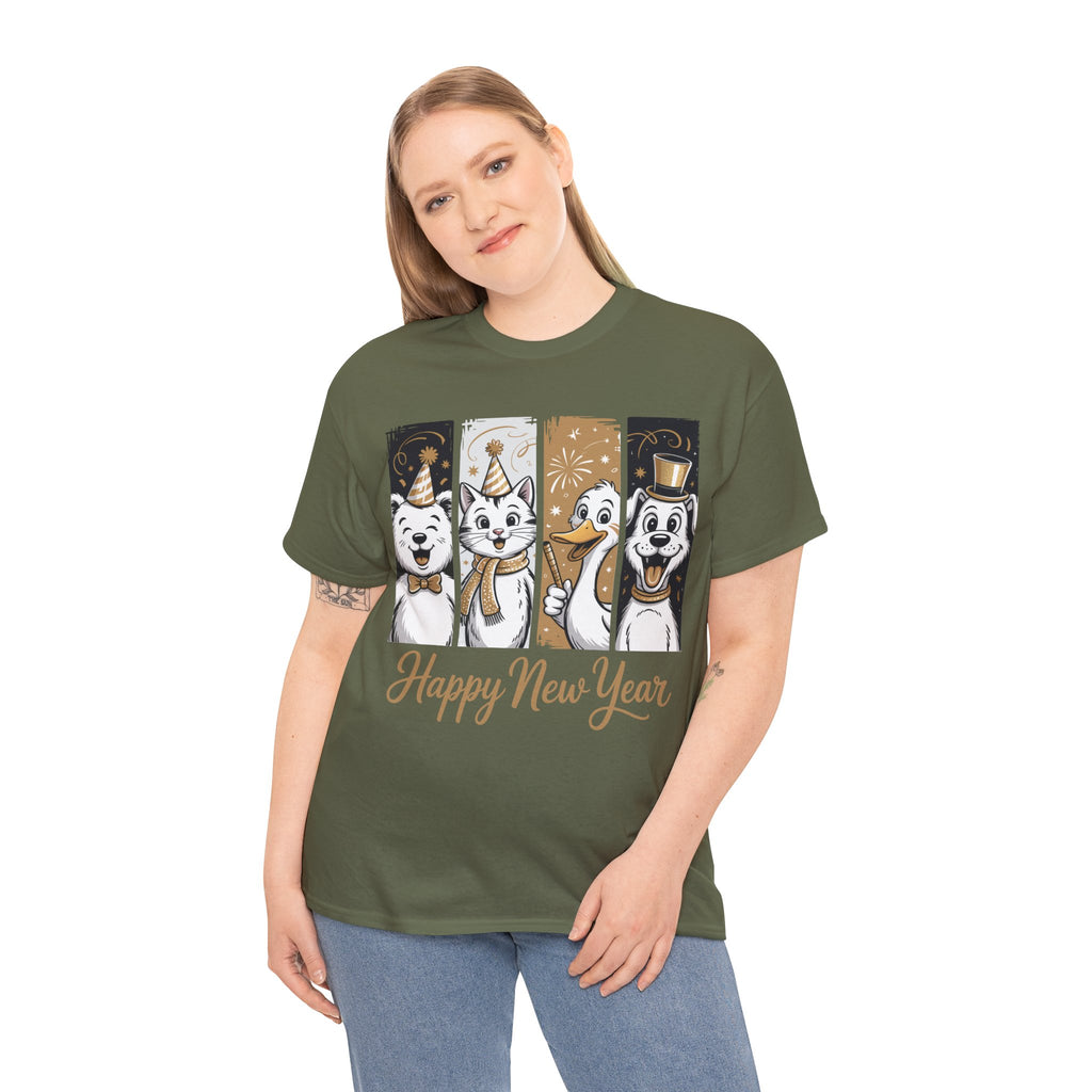 Happy New Year Party Animals T-Shirt — Cute Smiling Animals in Party Hats & Gold Fireworks..Unisex Cotton Tee