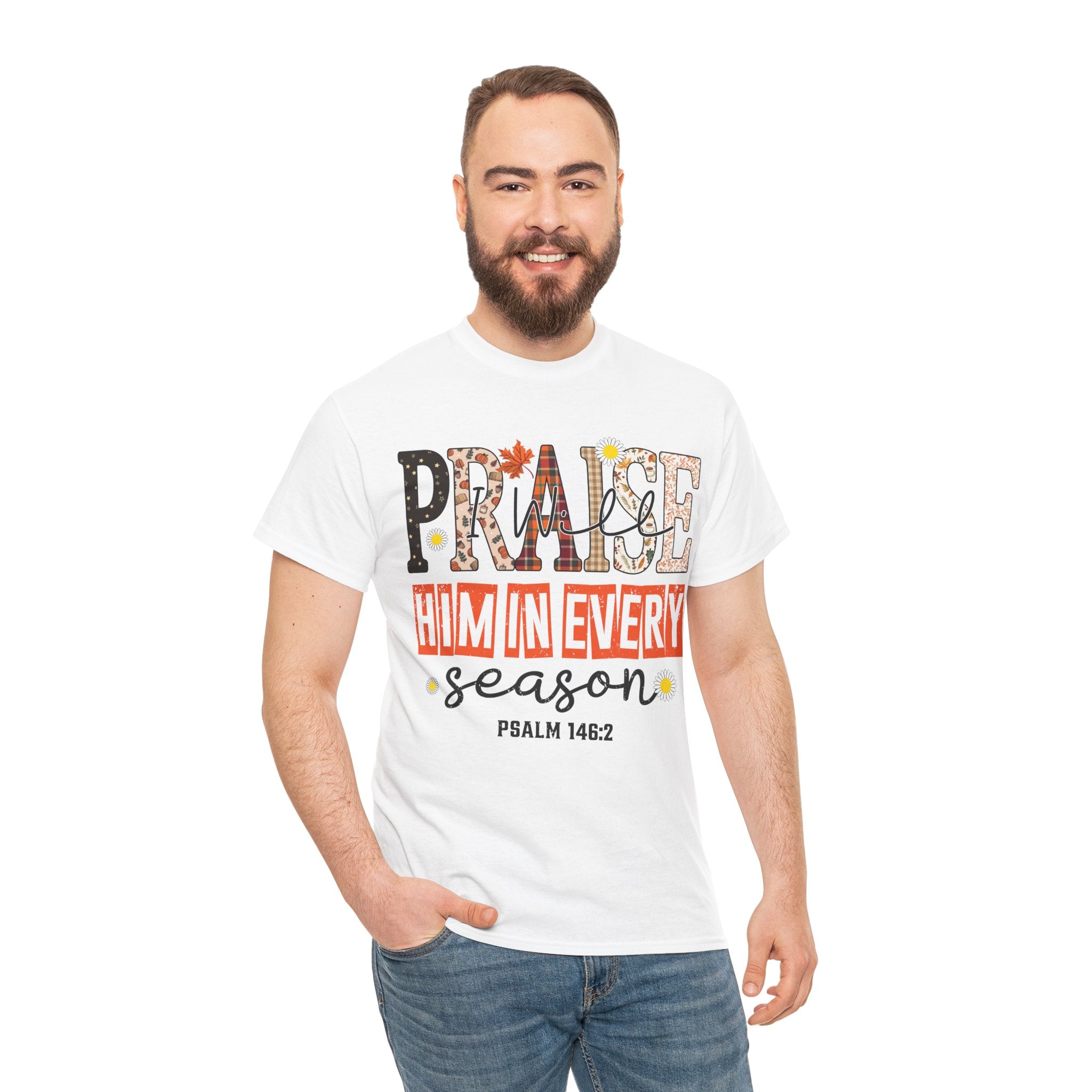 Praise Him In Every Tee — Fall Daisies & Leaf Floral Graphic Unisex Cotton T-Shirt