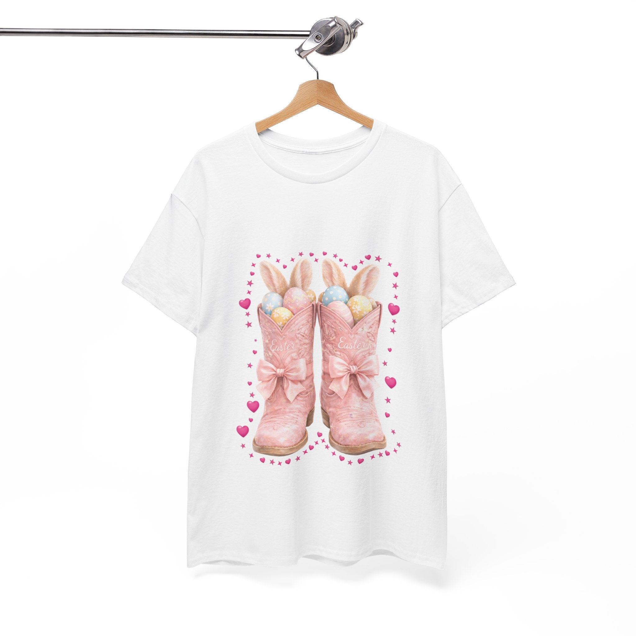 Easter Pink Western Boots Tee — Pastel Bunny Eggs & Bows Unisex Cotton Tee
