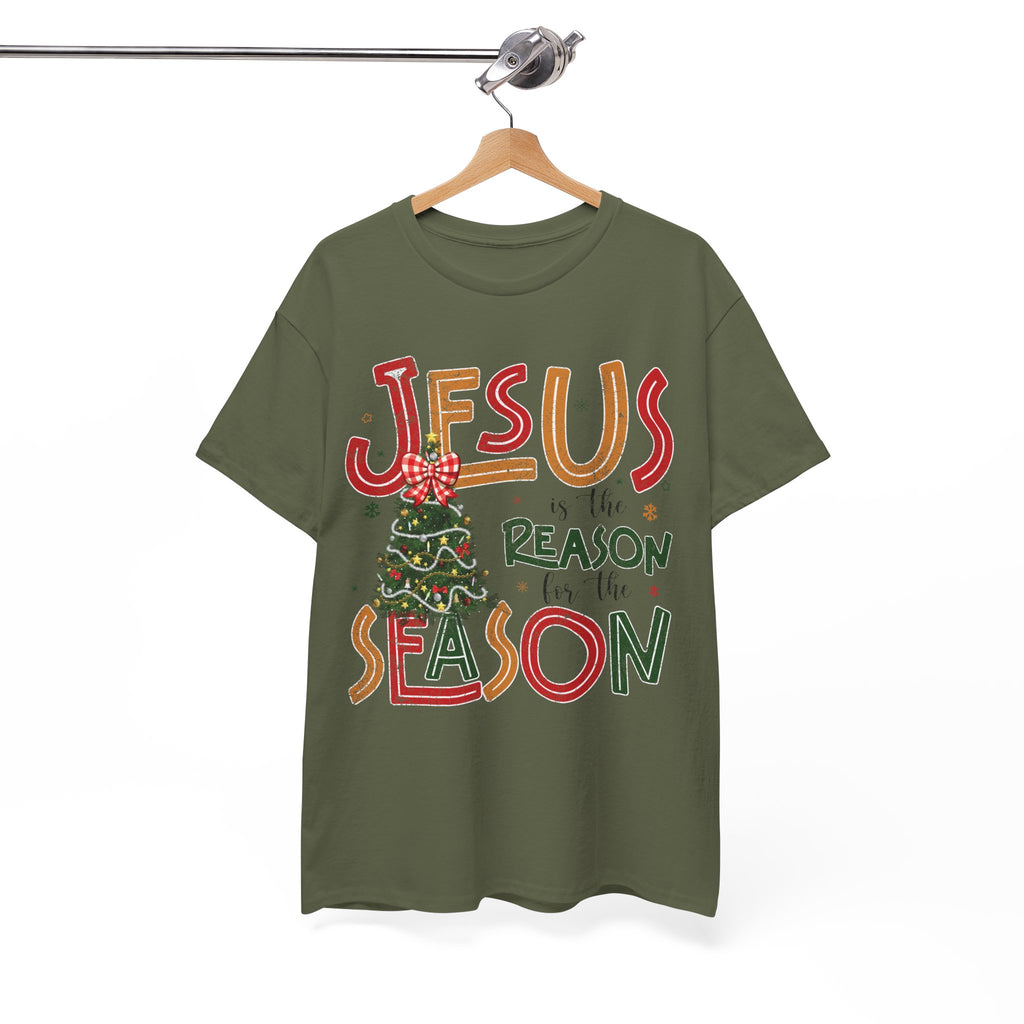 Jesus Is the Reason for the Season Christmas T-Shirt — Plaid Bow Tree..Unisex Cotton Tee