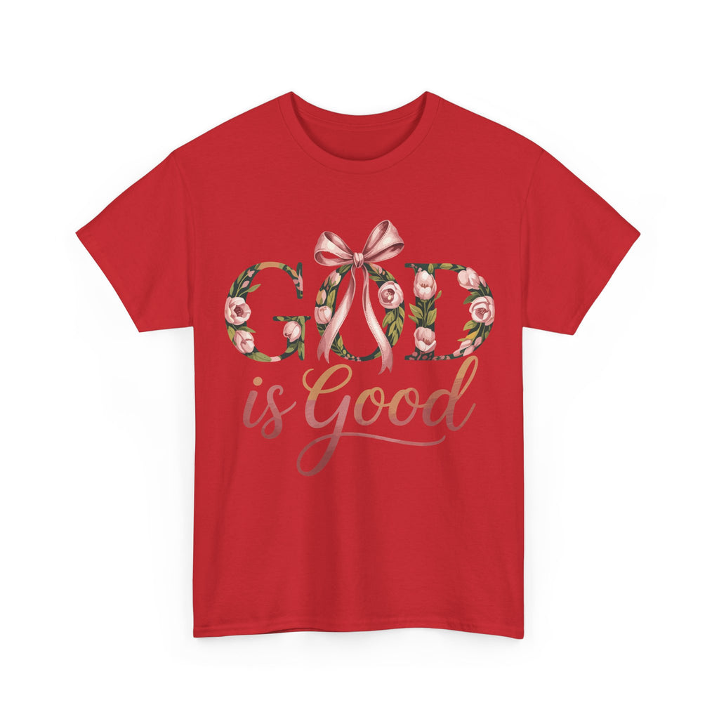 God Is Good Pink Rose Tee — Floral Ribbon Faith Unisex Cotton T-Shirt