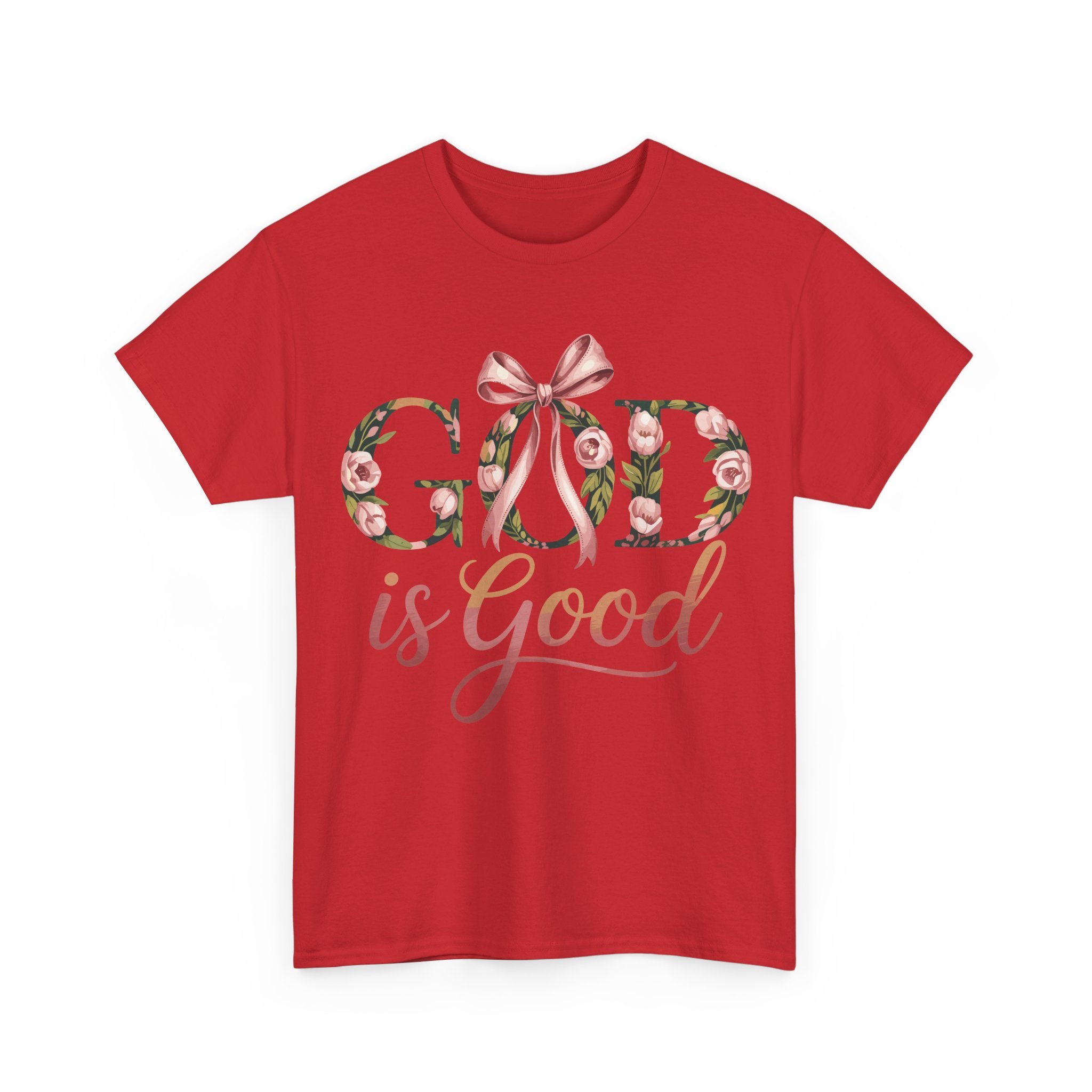 God Is Good Pink Rose Tee — Floral Ribbon Faith Unisex Cotton T-Shirt
