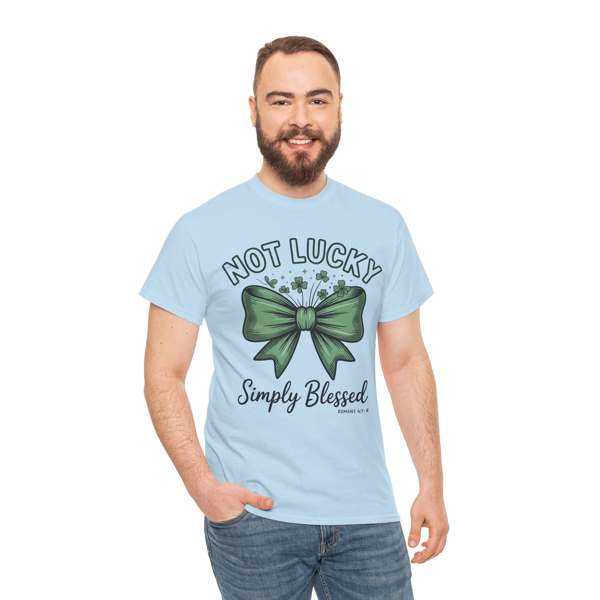 Not Lucky, Simply Blessed T-Shirt — Green Bow & Clovers St. Patrick’s Unisex Cotton Tee