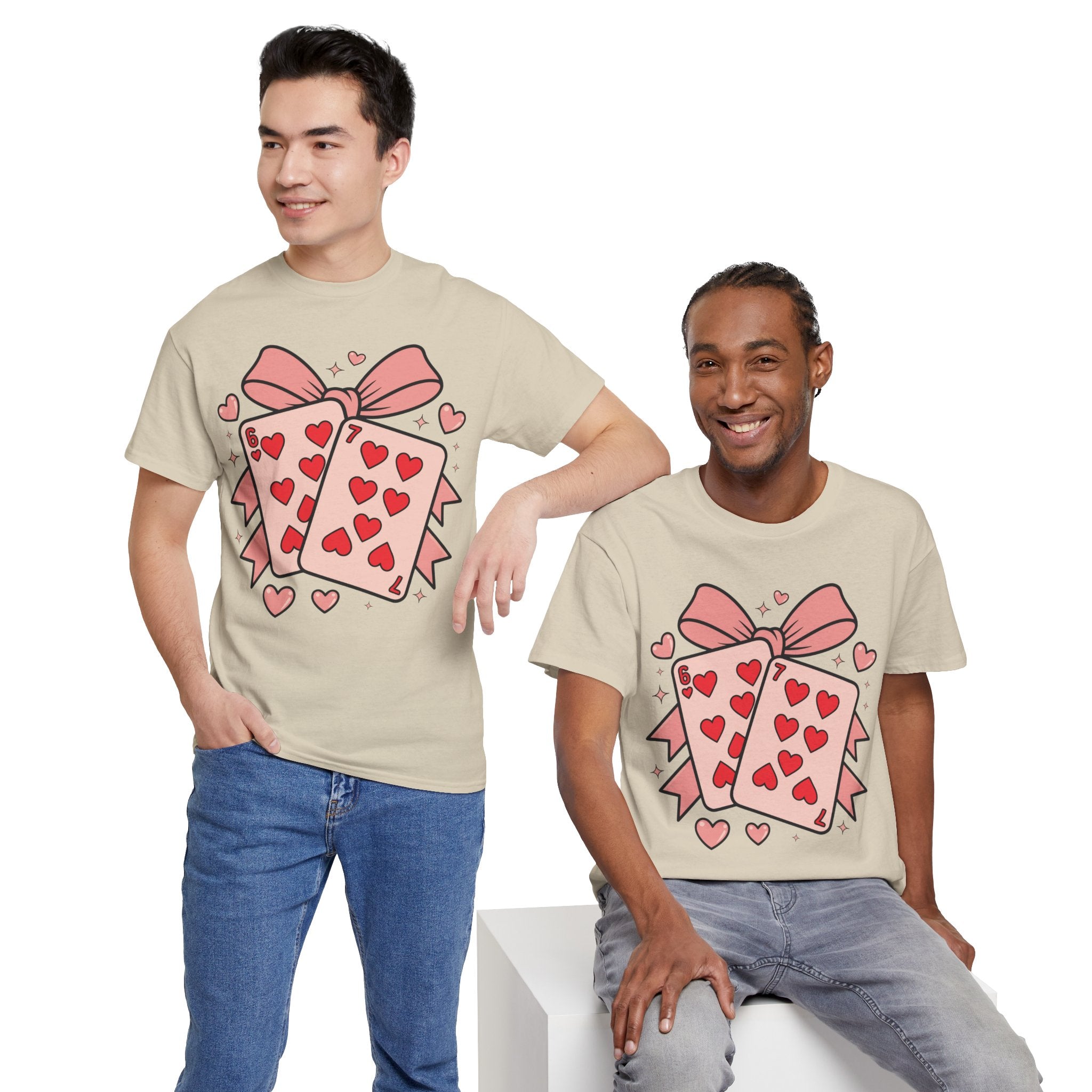 6 & 7 of Hearts T-Shirt — Paired Playing Cards with Pink Bow Unisex Cotton Tee