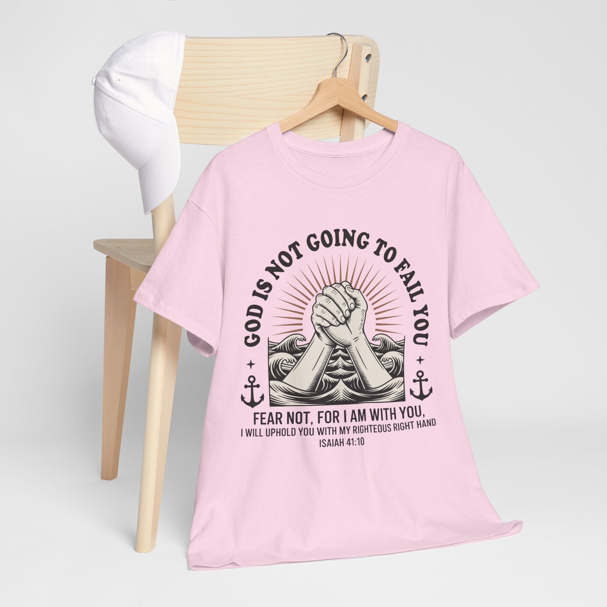 Isaiah 41:10 "Fear Not, For I Am With You" T-Shirt — Clasped Hands Rising from Waves Christian Unisex Cotton Tee