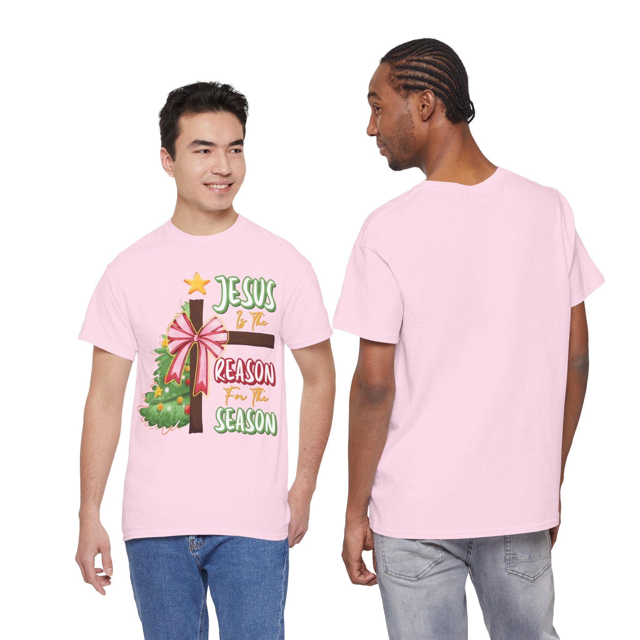 Jesus Is the Reason for the Season Christmas Tee — Cross with Pink Bow & Tree. Unisex Cotton Tee