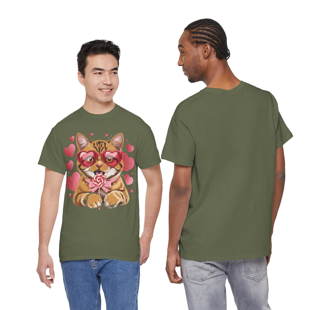 Valentine Cat Tee — Heart Glasses, Lollipop Bow Unisex Cotton Tee