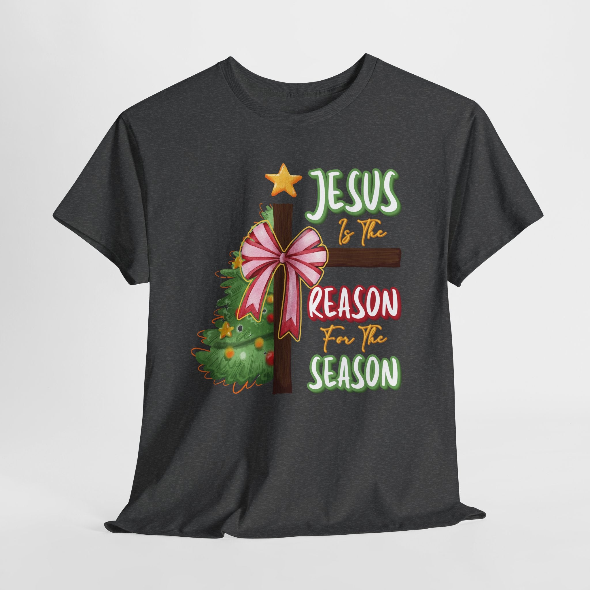 Jesus Is the Reason for the Season Christmas Tee — Cross with Pink Bow & Tree. Unisex Cotton Tee