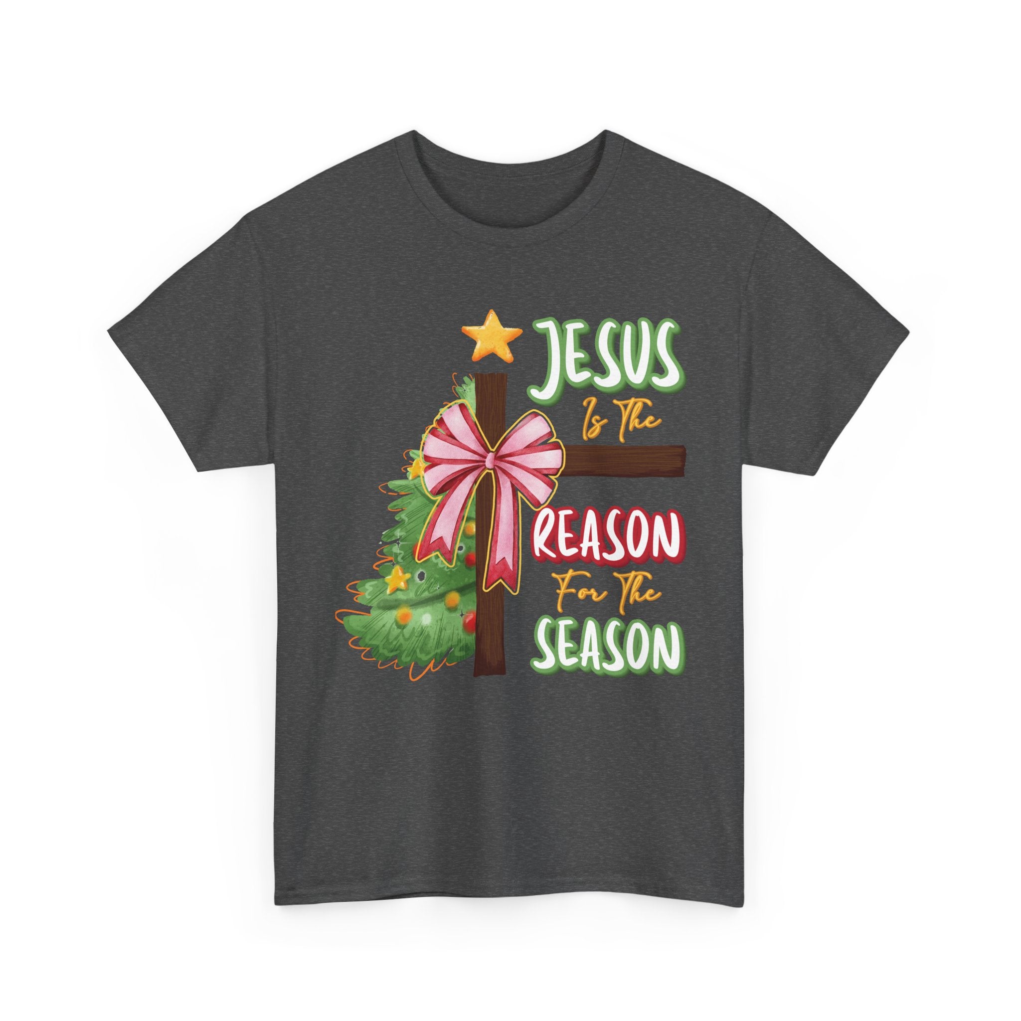 Jesus Is the Reason for the Season Christmas Tee — Cross with Pink Bow & Tree. Unisex Cotton Tee