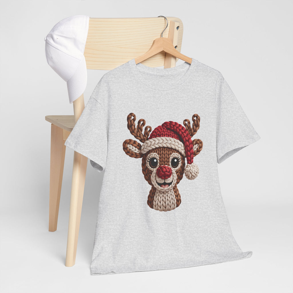 Reindeer in Santa Hat Cotton Tee — Joyful Faux-Yarn Holiday Unisex Coton T-Shirt