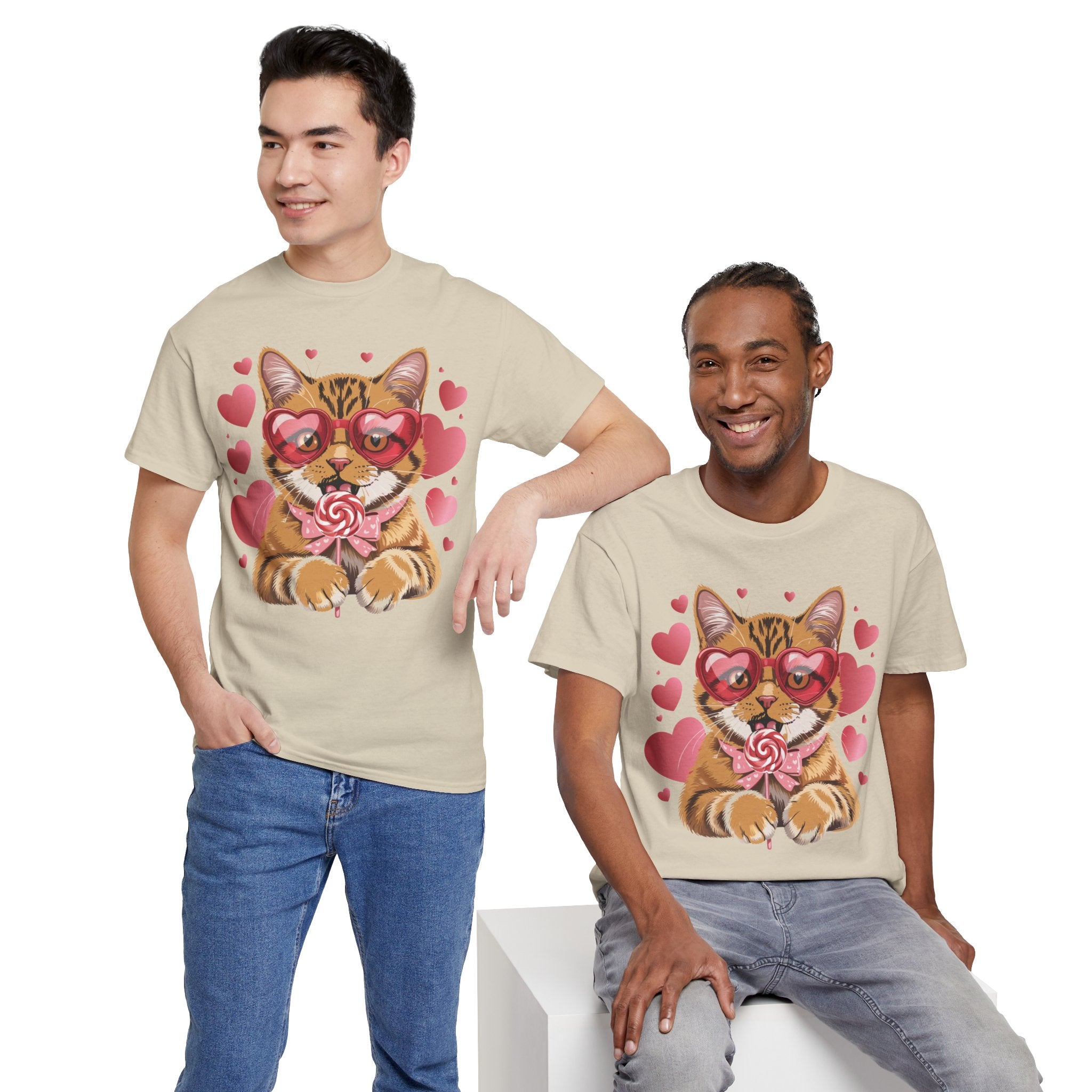Valentine Cat Tee — Heart Glasses, Lollipop Bow Unisex Cotton Tee