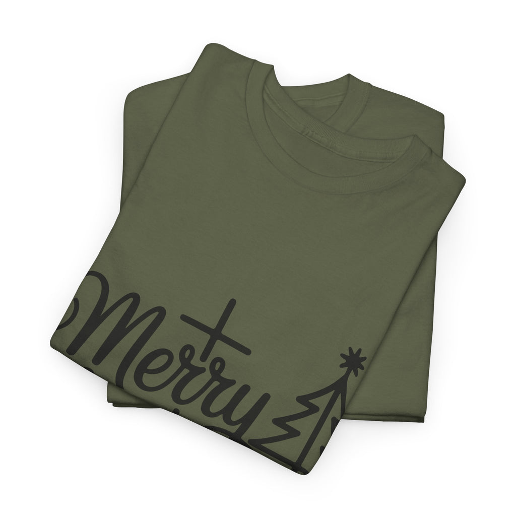 Merry Christmas Script T-Shirt with Cross & Tree(Unisex Cotton Tee)