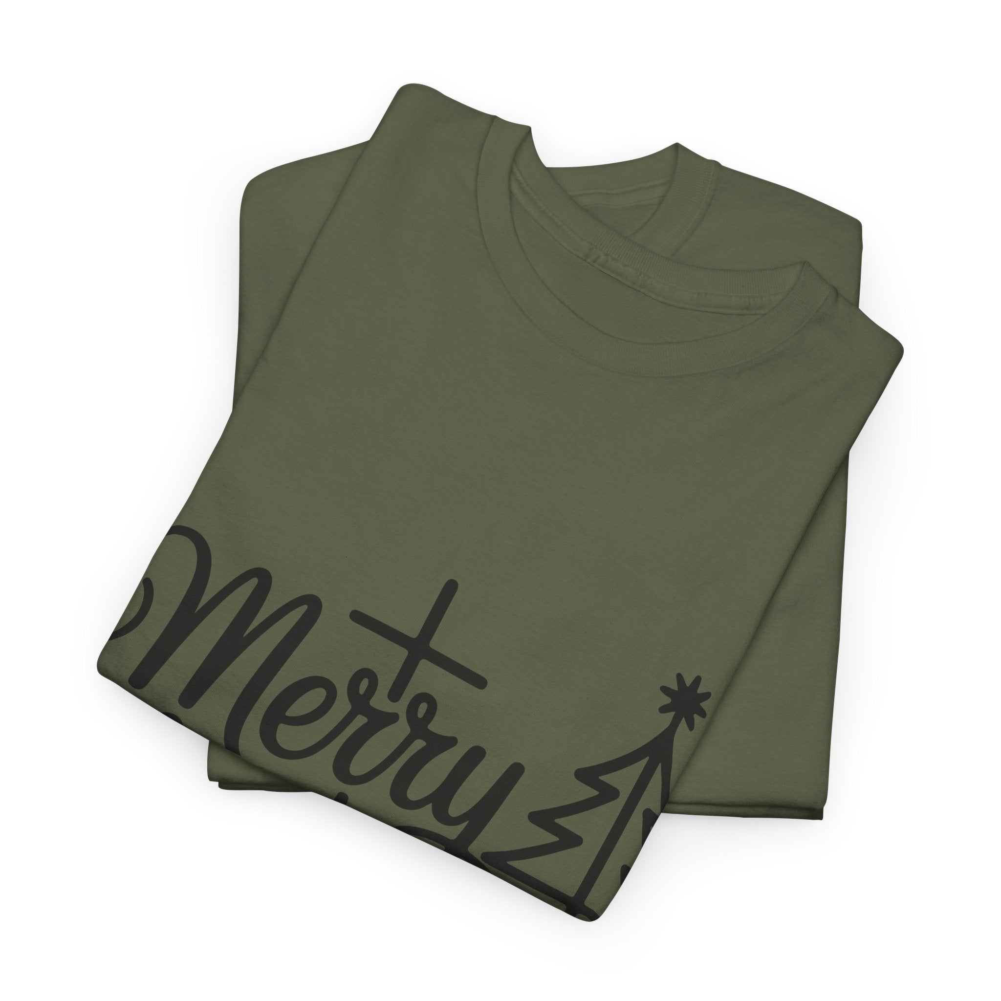 Merry Christmas Script T-Shirt with Cross & Tree(Unisex Cotton Tee)