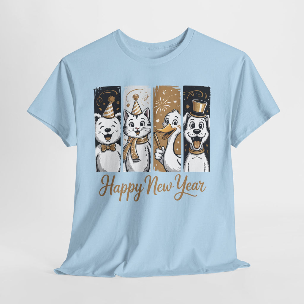 Happy New Year Party Animals T-Shirt — Cute Smiling Animals in Party Hats & Gold Fireworks..Unisex Cotton Tee