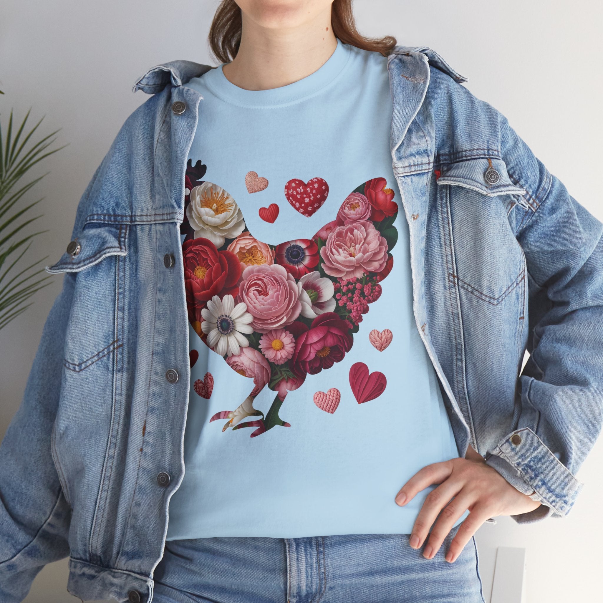 Floral Chicken Heart Tee — Red & Pink Flower Silhouette Unisex Cotton Tee