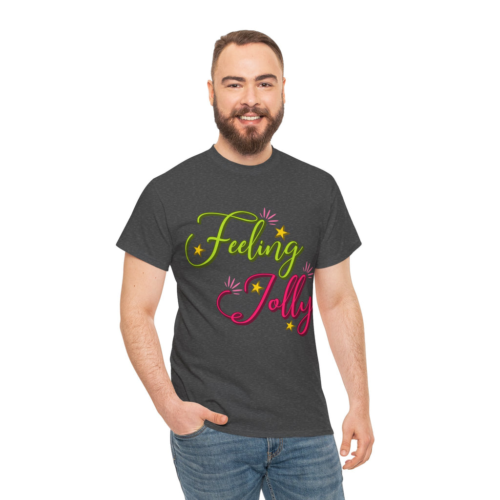 Feeling Jolly Tee — Festive Green & Pink Script with Yellow Stars Unisex Cotton Tee