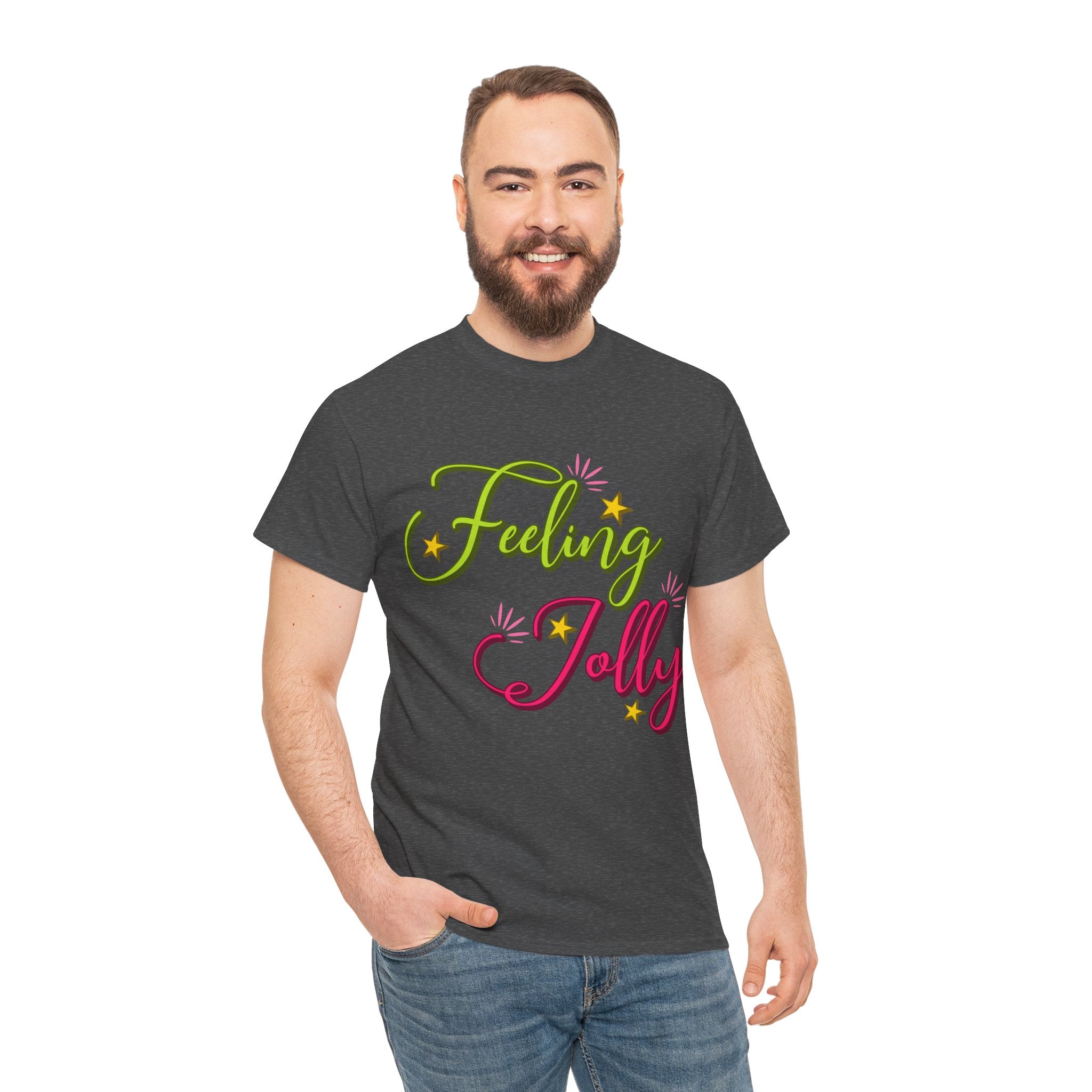 Feeling Jolly Tee — Festive Green & Pink Script with Yellow Stars Unisex Cotton Tee