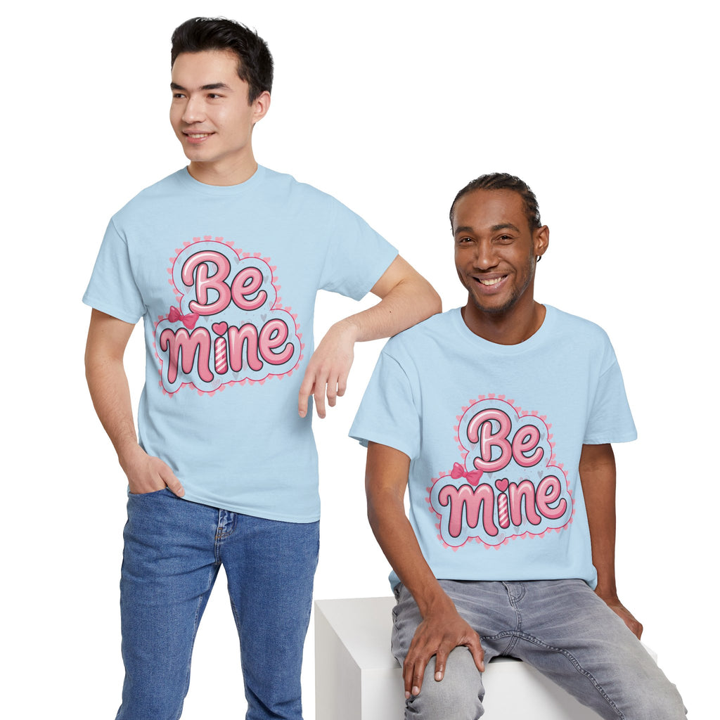 Be Mine Valentine T-Shirt — Pink Bubble Letters with Hearts & Bow..Unisex Cotton Tee