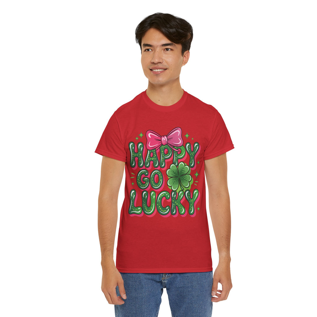 Happy Go Lucky Four-Leaf Clover Tee — Glossy Green Letters & Pink Bow Unisex Cotton Tee