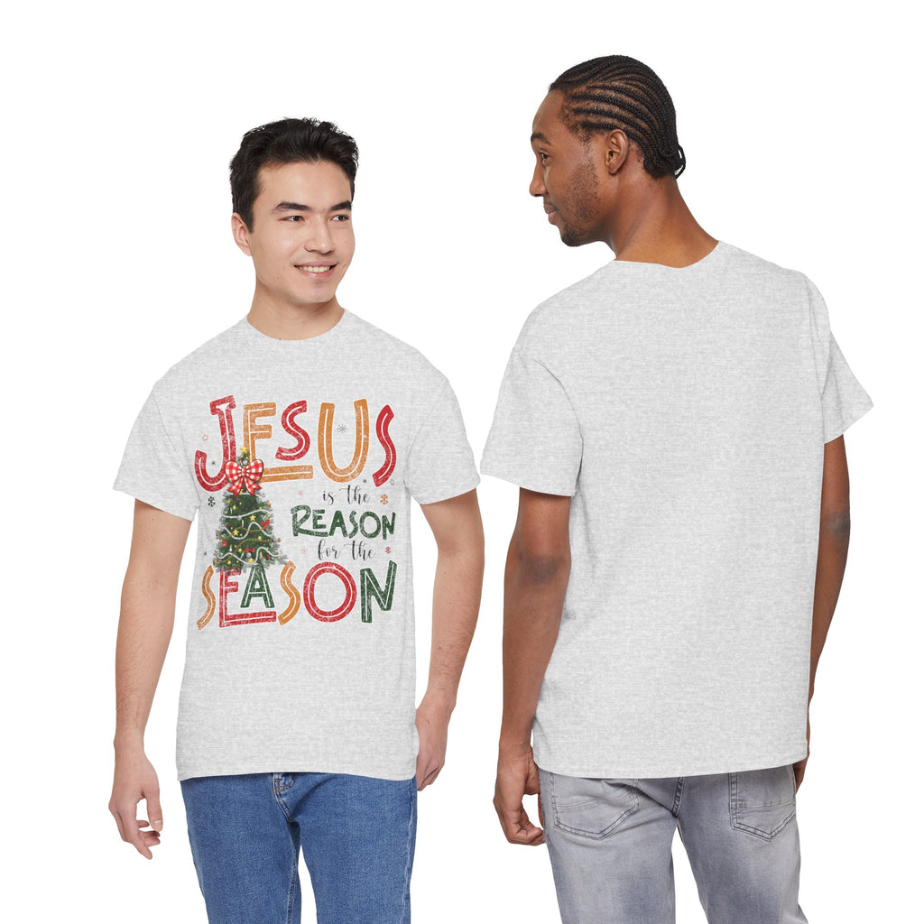 Jesus Is the Reason for the Season Christmas T-Shirt — Plaid Bow Tree..Unisex Cotton Tee