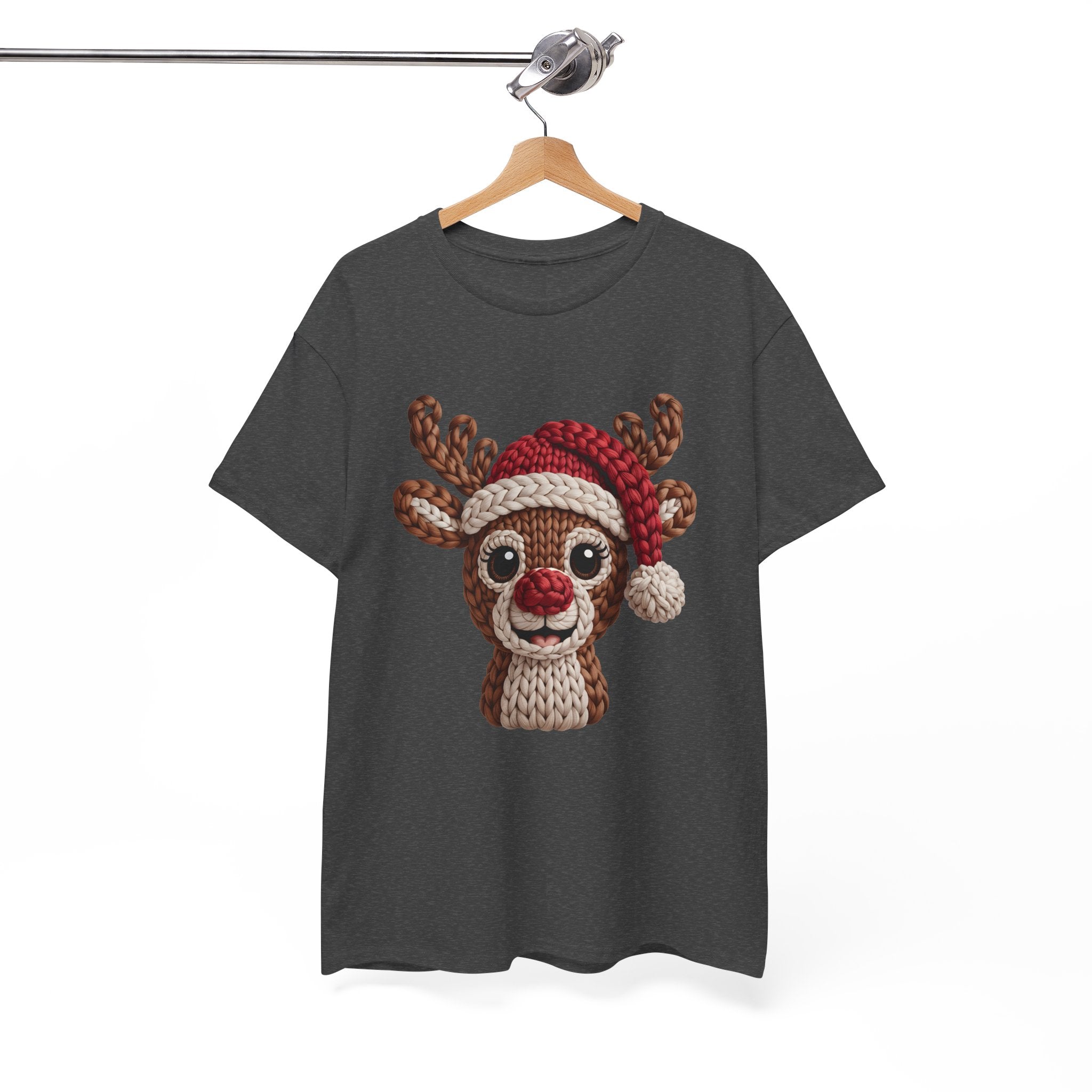 Reindeer in Santa Hat Cotton Tee — Joyful Faux-Yarn Holiday Unisex Coton T-Shirt