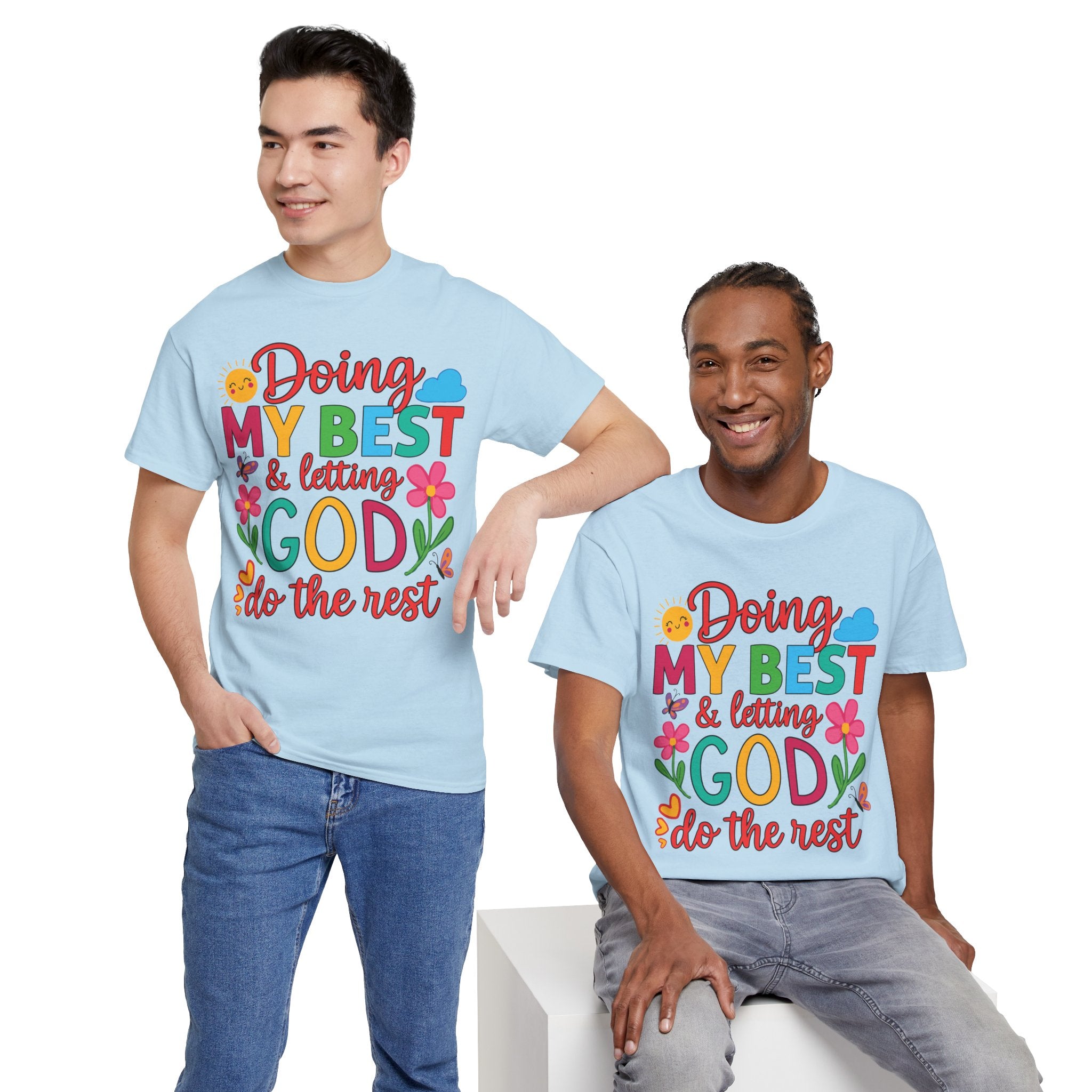 Doing My Best & Letting God Do The Rest T-Shirt — Floral Sun & Butterflies Inspirational Unisex Cotton Tee