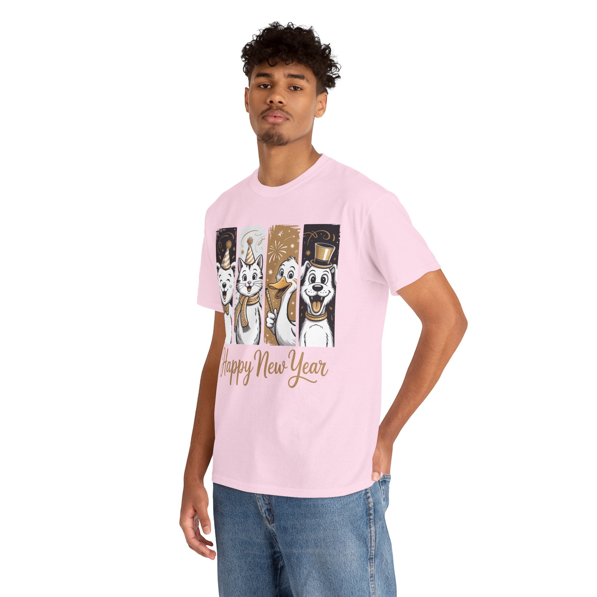 Happy New Year Party Animals T-Shirt — Cute Smiling Animals in Party Hats & Gold Fireworks..Unisex Cotton Tee