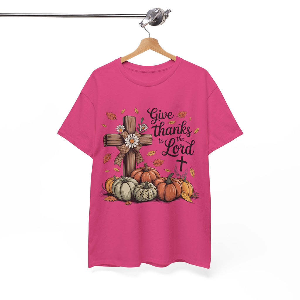 Give Thanks to the Lord Autumn Tee — Wooden Cross, Pumpkins & Daisies..Unisex Cotton Tee