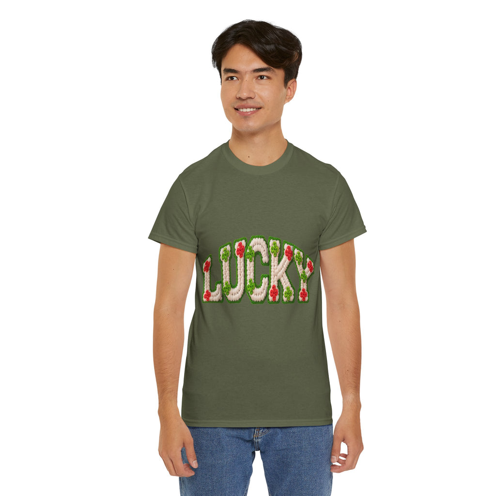 Lucky Crochet Clover T-Shirt — Faux-Yarn Embroidered St. Patrick’s Unisex Cotton Tee