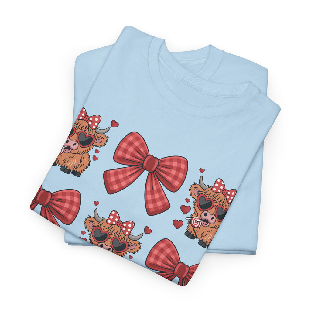 Valentine Cow Checkered Tee — Fluffy Cows with Heart Sunglasses & Red Bows..Unisex Cotton Tee