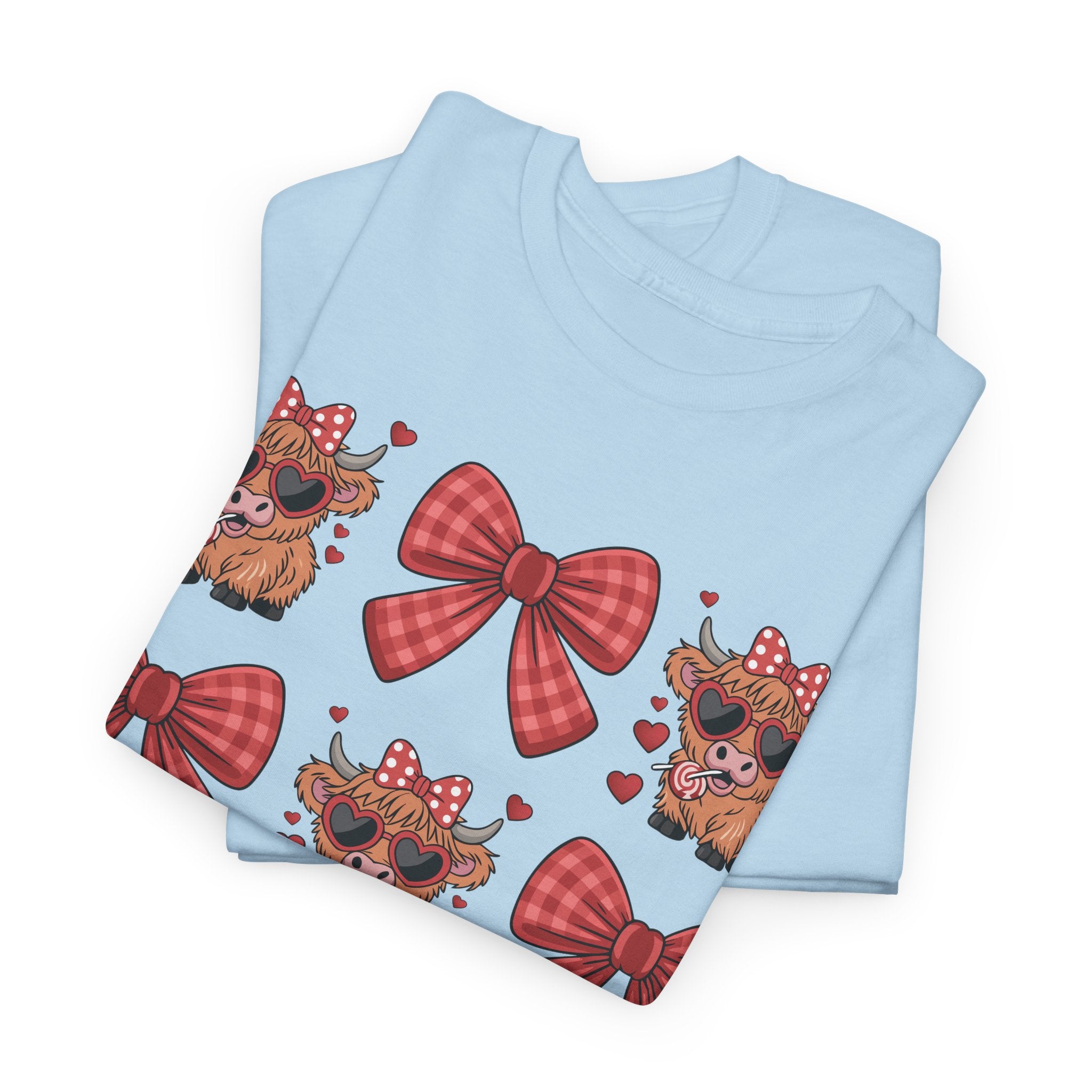 Valentine Cow Checkered Tee — Fluffy Cows with Heart Sunglasses & Red Bows..Unisex Cotton Tee