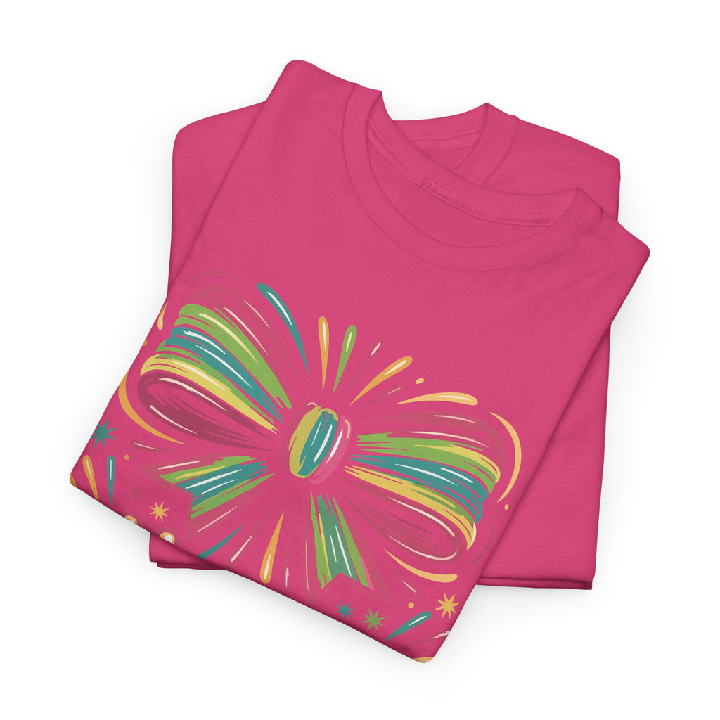 Happy New Year Pastel Tee — Rainbow Bow & Fireworks Celebration Unisex Cotton Tshirt