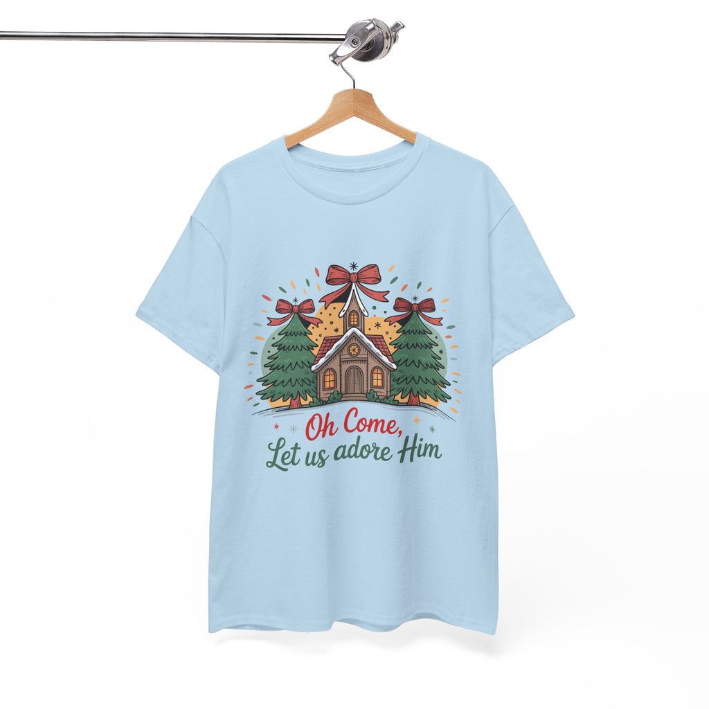 Oh Come Let Us Adore Him Christmas Tee — Church & Trees Holiday Unisex Cotton Tshirt