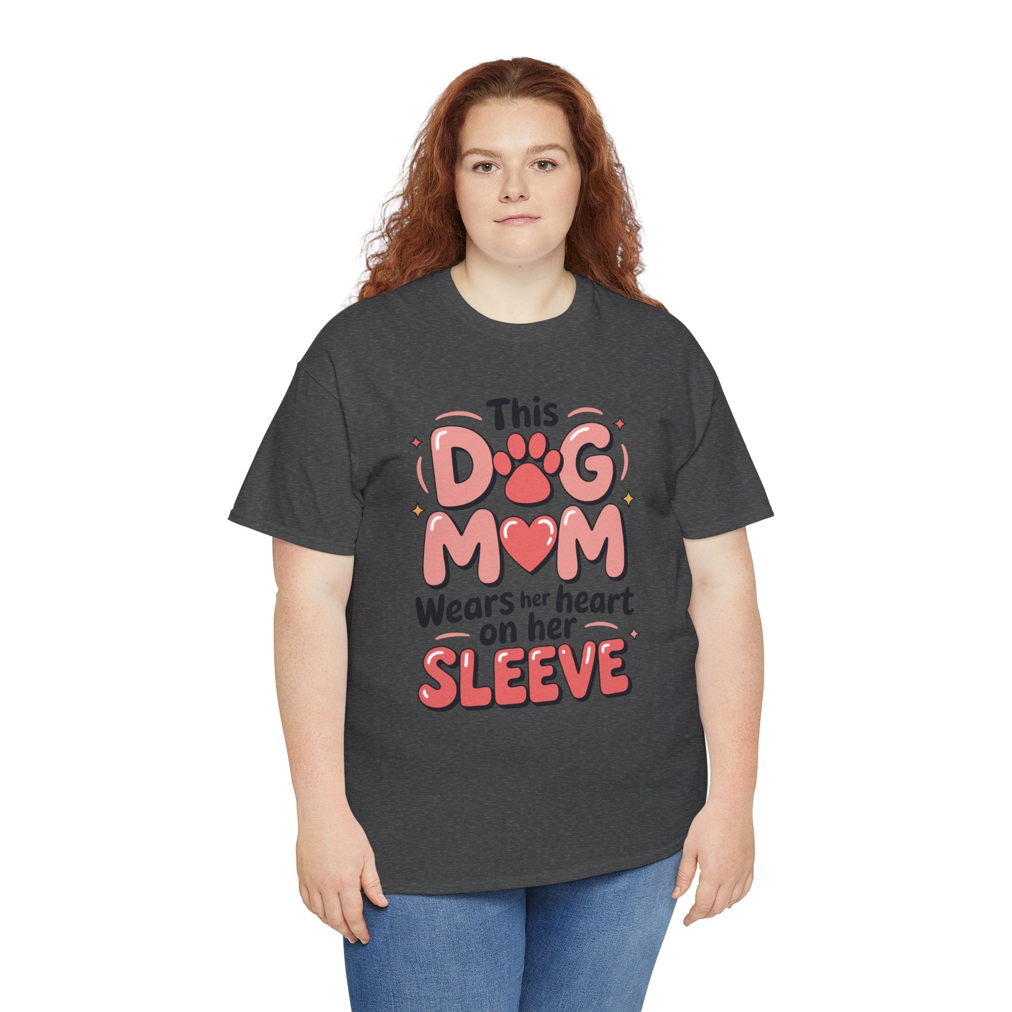 Dog Mom T-Shirt — "This Dog Mom Wears Her Heart on Her Sleeve" Paw & Heart Unisex Cotton Tee