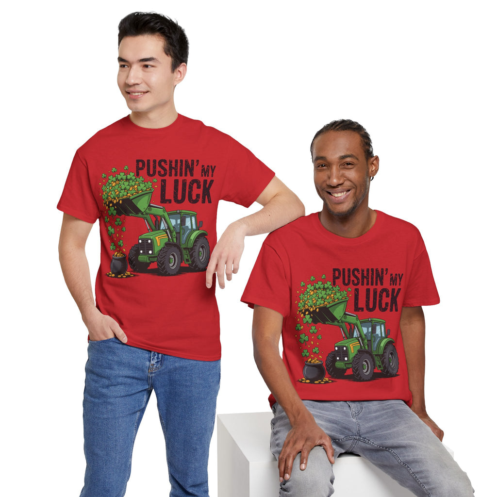 Pushin' My Luck Shamrock Tractor Tee — St. Patrick's Day Unisex Cotton T-Shirt