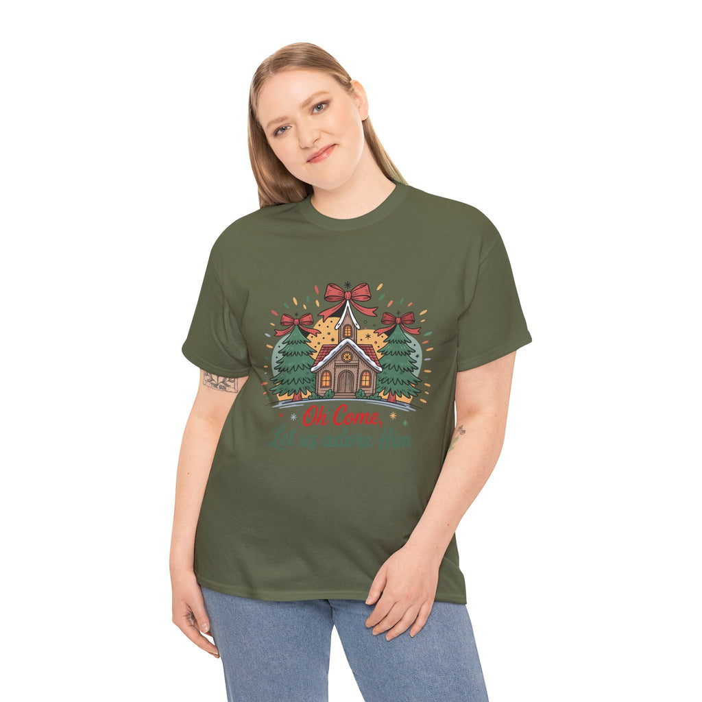 Oh Come Let Us Adore Him Christmas Tee — Church & Trees Holiday Unisex Cotton Tshirt