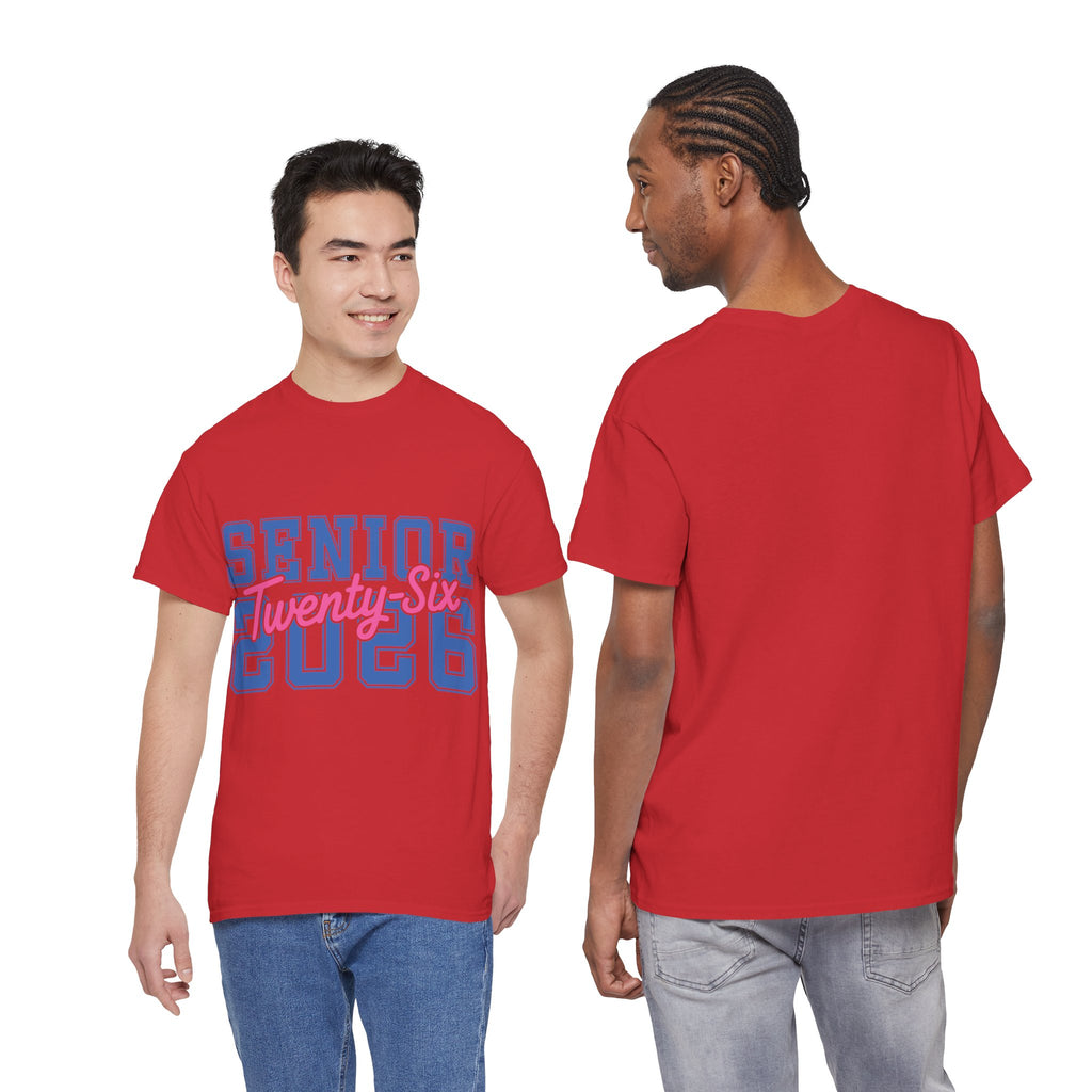 Senior 2026 Tee — Pink Varsity Block with Blue Script Overlay Unisex Cotton Tee