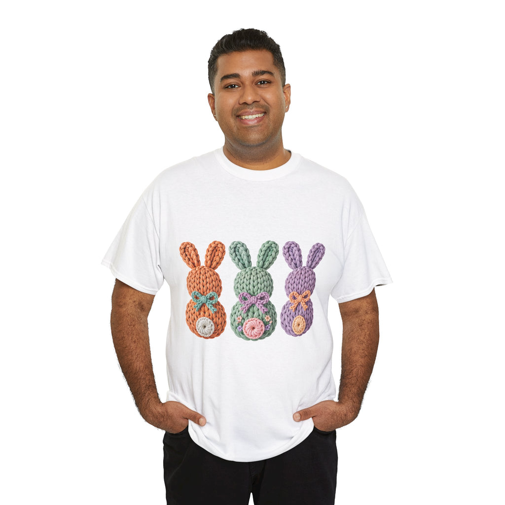 Pastel Crochet Bunny Tee — Trio of Faux Knit Bunnies with Bows & Flowers Unisex Cotton Tee