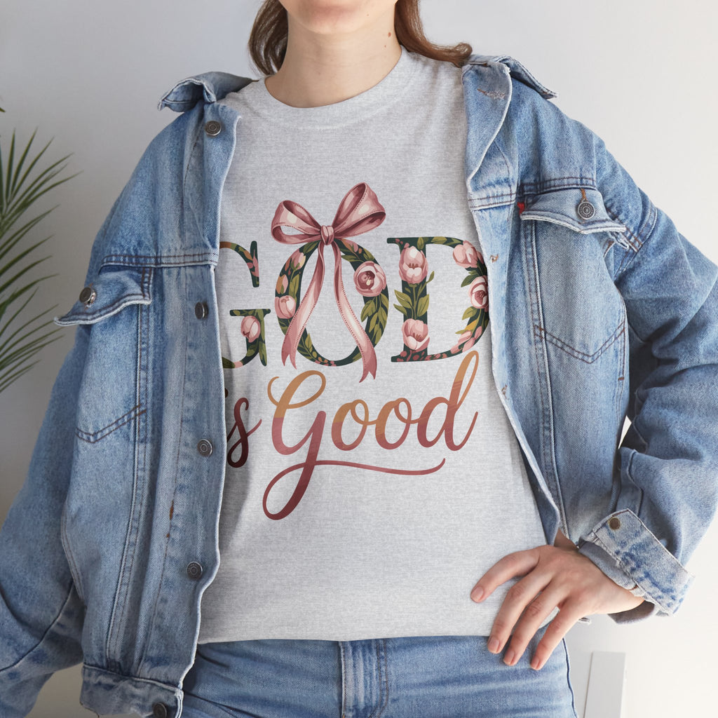 God Is Good Pink Rose Tee — Floral Ribbon Faith Unisex Cotton T-Shirt