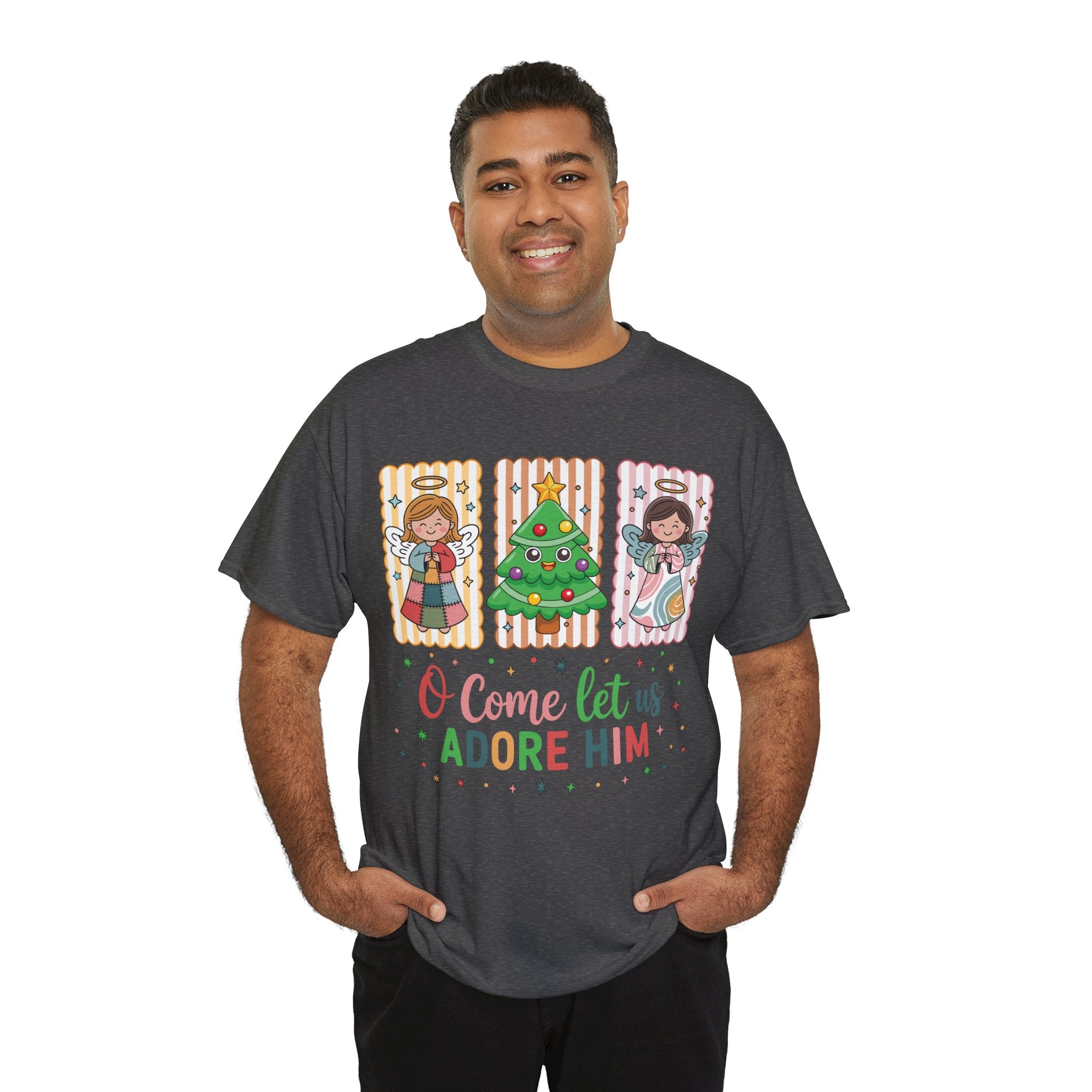 O Come Let Us Adore Him Christmas Tee — Smiling Angels & Happy Tree..Unisex Cotton Tee