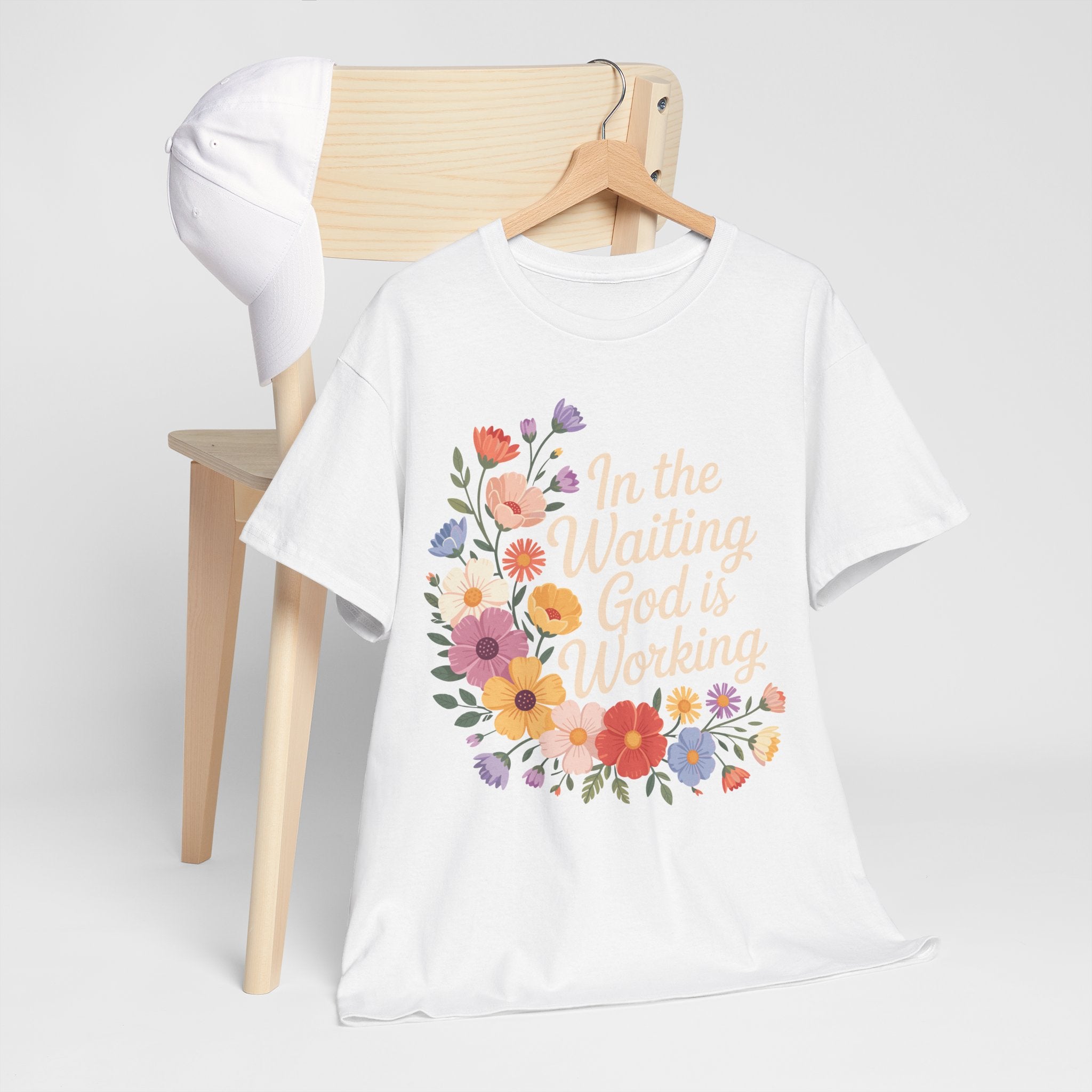 Pastel Floral “In the Waiting God Is Working” Unisex Cotton T-Shirt