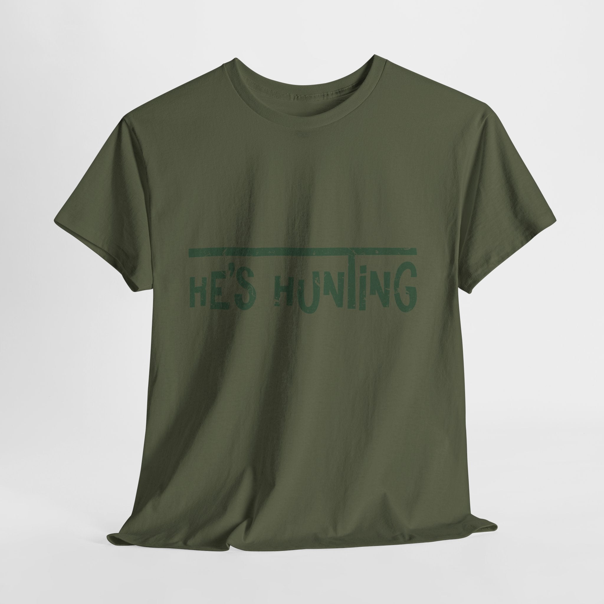 He’s Hunting Distressed Tee — Minimalist Tan Hunting Unisex Cotton Tshirt
