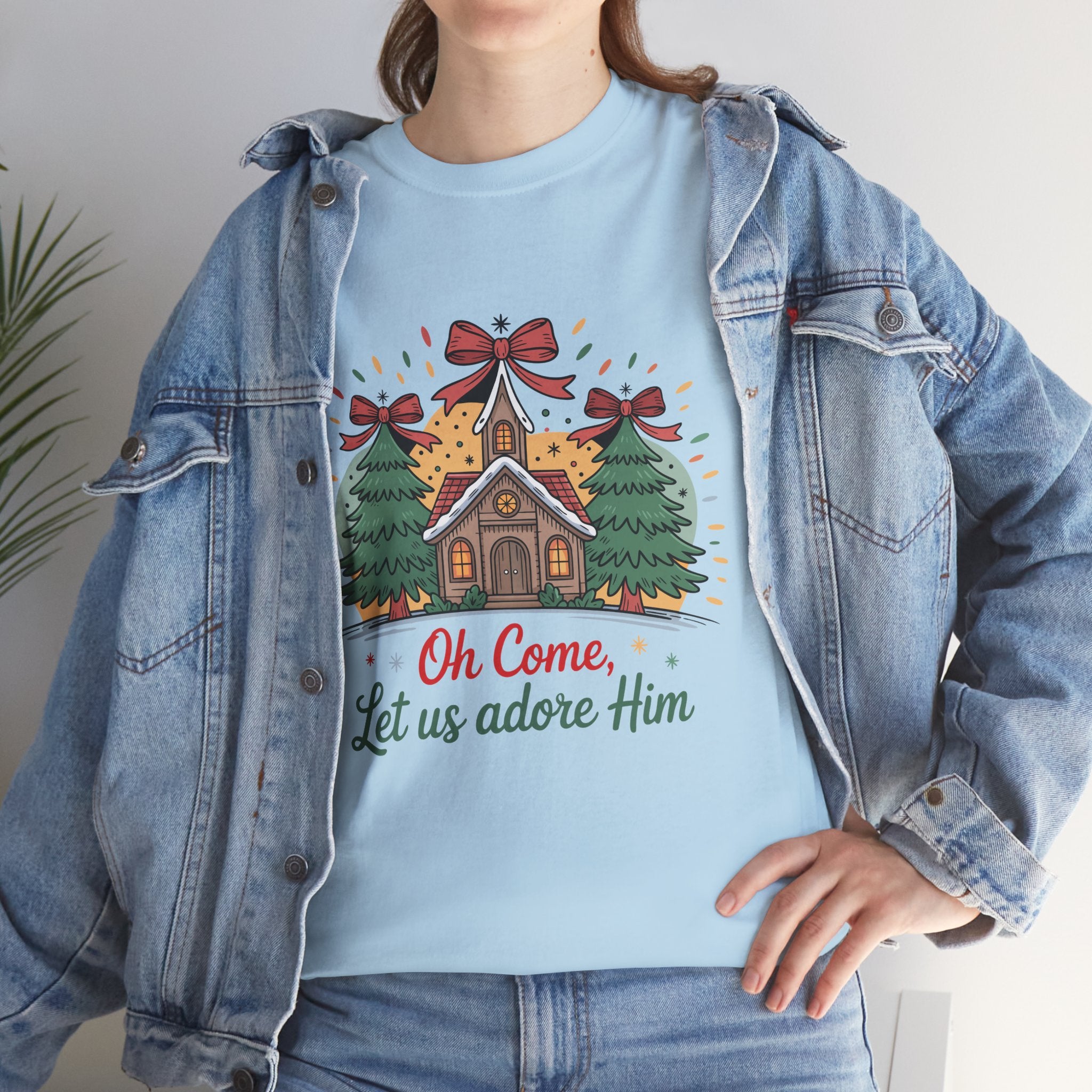 Oh Come Let Us Adore Him Christmas Tee — Church & Trees Holiday Unisex Cotton Tshirt