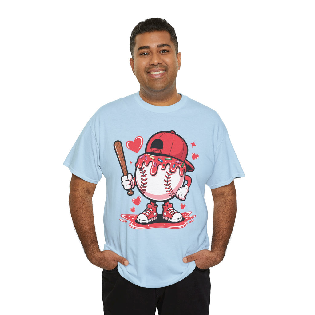 Cute Baseball Character T-Shirt — Red Cap & Icing Top Graphic with Hearts Unisex Cotton Tee