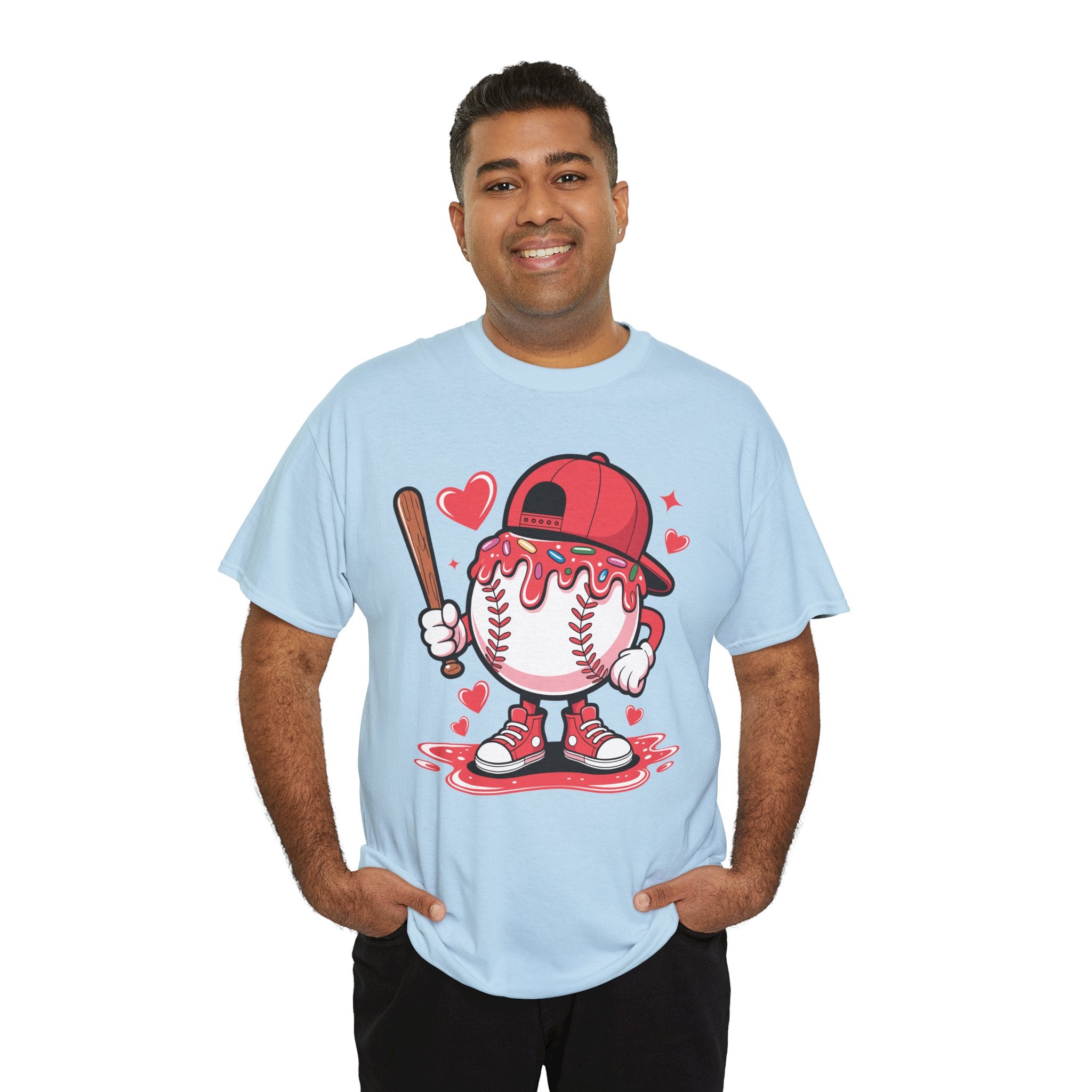 Cute Baseball Character T-Shirt — Red Cap & Icing Top Graphic with Hearts Unisex Cotton Tee