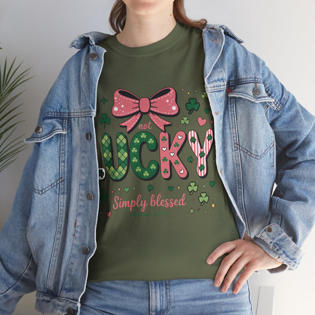 Simply Blessed Tee — “Not Lucky, Simply Blessed” with Pastel Bow, Clovers & Romans 4:7-8 Unisex Cotton Tee