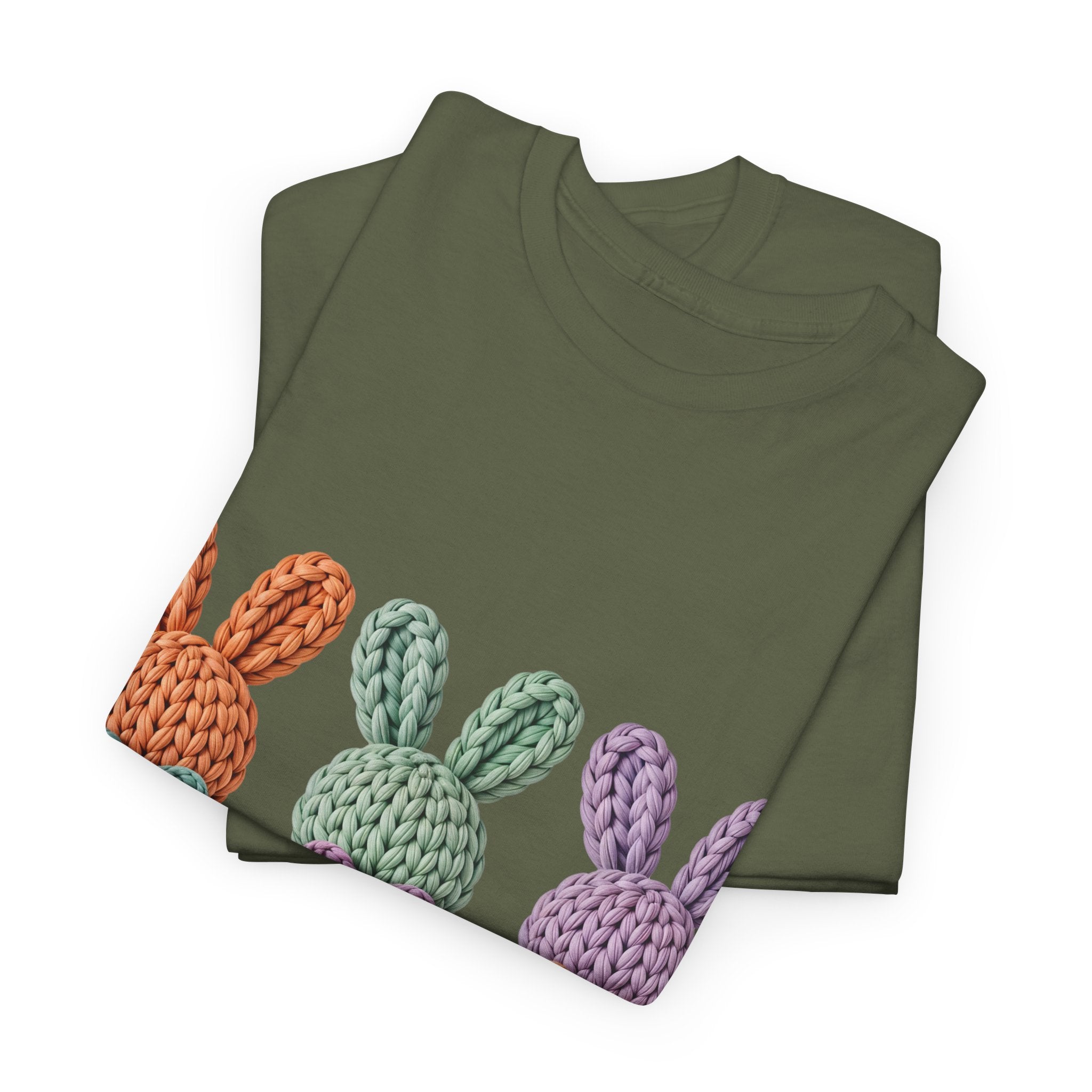 Pastel Crochet Bunny Tee — Trio of Faux Knit Bunnies with Bows & Flowers Unisex Cotton Tee